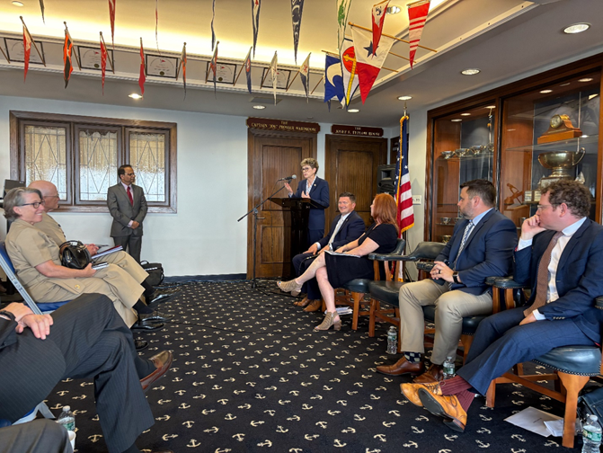 DOTMARAD's tweet image. The USMMA held it&apos;s 8th EMBARC Quarterly Meeting, with maritime leaders, officials, and academy staff to discuss safety improvements for cadets at sea. 

VADM Nunan &amp;amp; Administrator Phillips gave remarks highlighting the ongoing progress of the program. 
#MaritimeSafety #EMBARC