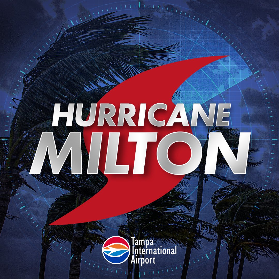 🚨 TPA TO CLOSE DUE TO MILTON 🚨

🛑 We will suspend flight operations at 9 a.m. Tuesday and reopen when safe to do so

✈️ Check directly with your airline for flight updates

⛈️ TPA is not a shelter for people or vehicles

📲 Stay tuned to our social media for more info
