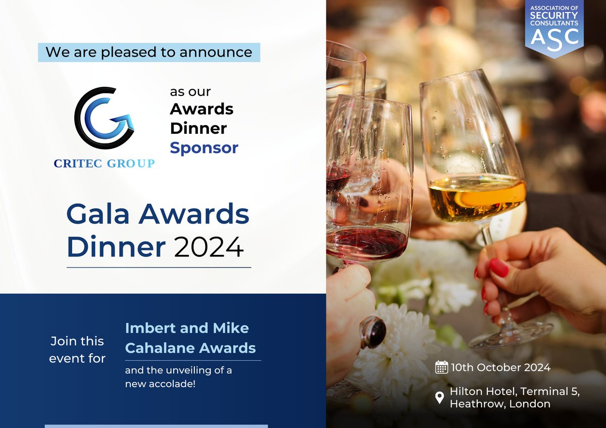 assocsecurity's tweet image. We are delighted to welcome Critec Group as our Gala Awards Dinner 2024 Sponsor.

Join Frank, Mark, and the rest of the Critec team this Thursday to celebrate excellence in the industry: lnkd.in/dQfHarDB.

#CONSEC #ASCAnnualEvent #SupplyChain #Security #CONSEC2024 #Awards