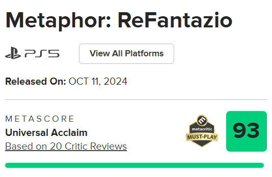 ScrambledFaz's tweet image. Metaphor: ReFantazio opens up with a 93 score on Metacritic