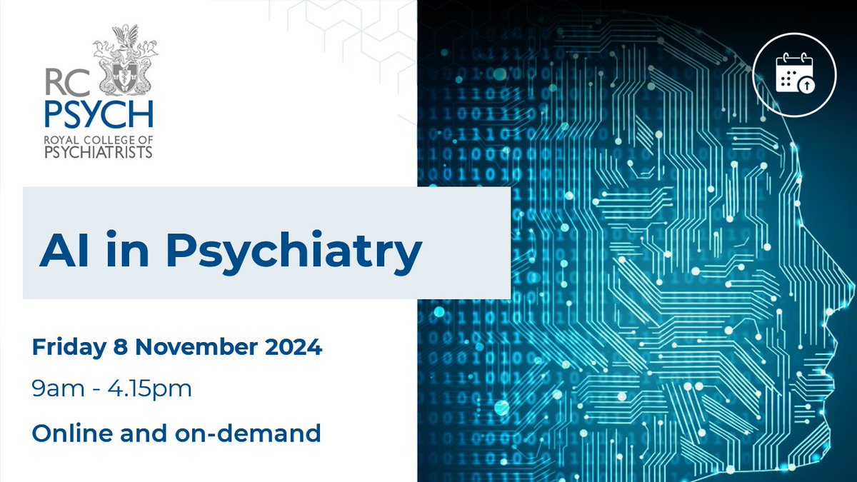 Royal College of Psychiatrists (@rcpsych) on Twitter photo Only 1 week until our new event, AI in Psychiatry, takes place on 8 November! Watch live or on demand to join speakers <a href="/LordChrisHolmes/">Chris Holmes</a>, <a href="/AmitChougule_X/">Dr Amit Chougule</a>, <a href="/koutsouleris/">Nikolaos Koutsouleris</a>, <a href="/monasiddiqui7/">mona siddiqui</a>, @docrobwaller and more!
Don't miss out, book before 8 Nov: bit.ly/3B6xxUE
#RCPsychAI Only 1 week until our new event, AI in Psychiatry, takes place on 8 November! Watch live or on demand to join speakers <a href="/LordChrisHolmes/">Chris Holmes</a>, <a href="/AmitChougule_X/">Dr Amit Chougule</a>, <a href="/koutsouleris/">Nikolaos Koutsouleris</a>, <a href="/monasiddiqui7/">mona siddiqui</a>, @docrobwaller and more!
Don't miss out, book before 8 Nov: bit.ly/3B6xxUE
#RCPsychAI
