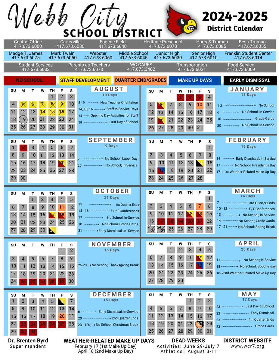 We've noticed some confusion regarding the 2024-25 school calendar. For the most up-to-date info, please visit our district website @ wcr7.org. We kindly ask that you avoid Googling the calendar, as some outdated versions may still be circulating online.