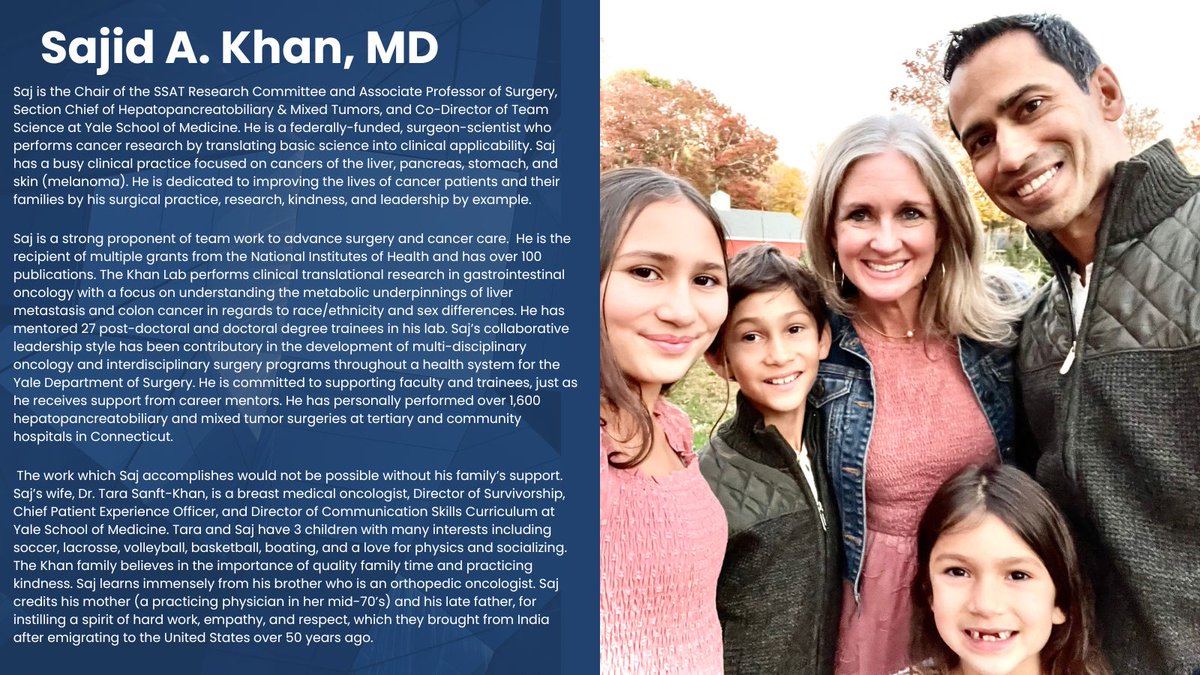 SSAT Member Spotlight: Dr. Sajid A. Khan, Chair of the SSAT Research Committee and Associate Professor of Surgery at Yale, enhances cancer care through research and mentorship. Supported by his wife, Dr. Tara Sanft-Khan, and their three kids, he values family and teamwork. #SSAT