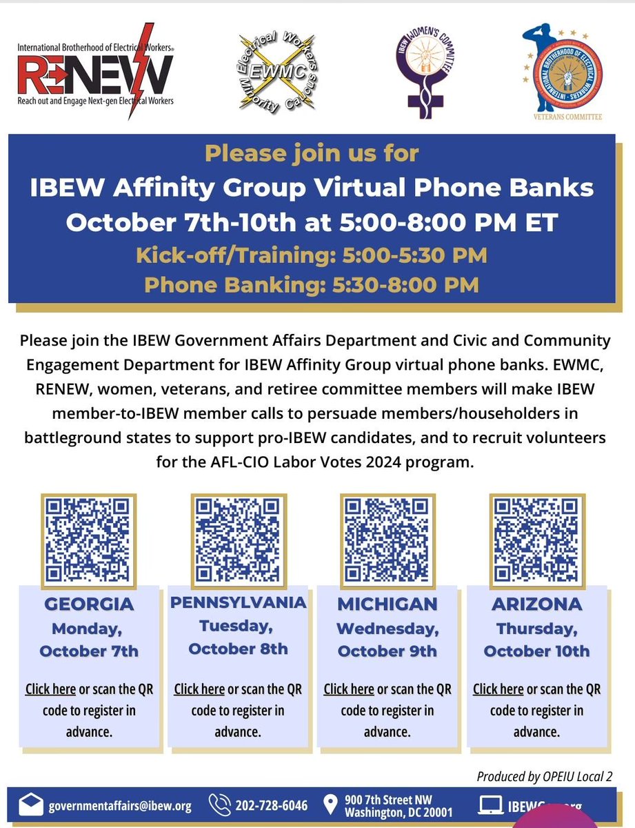 📞 THIS WEEK: The #IBEW Government Department is hosting *virtual* phone banking today, Mon., Oct. 7, through this Thursday.