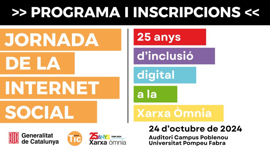 acciocivicat's tweet photo. 🎉Celebra amb nosaltres els #25AnysÒmnia!
📅 El 24 d'octubre, vine a la ‘Jornada de la #InternetSocial’ a @UPFBarcelona
Amb més de 15 casos d'èxit i una xerrada inspiradora de @carmetorras_rob sobre ètica digital
T’hi esperem!🙌
🔗https://t.co/UqGhBA5tz9 #JdISÒmnia @xarxaomnia https://t.co/N21ZRN6s8r