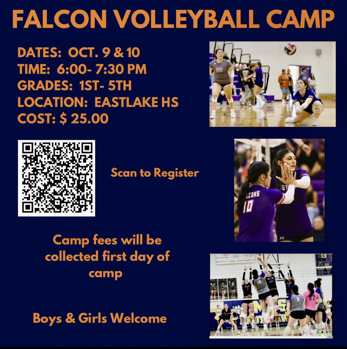 Eastlake Volleyball (@eastlake_vball) on Twitter photo 🏐🏐Falcon Nation🏐🏐
Need something fun to do during intercession? Open to boys & girls grades 1-5.
<a href="/EHSFalconSports/">Eastlake_Falcon_Athletics</a> <a href="/MRidge_ES/">Jesus Mendez</a> <a href="/DSShook_ES/">Principal Chavira, Dr. Sue A. Shook Elem.</a> <a href="/HHeights_ES/">Jenifer Hansen</a> <a href="/EnsorAthletics/">Ensor Athletics</a> <a href="/DwindAthletics/">Desert wind athletics</a> <a href="/Eastlake_Middle/">Gabriela Elliott</a> 🏐🏐Falcon Nation🏐🏐
Need something fun to do during intercession? Open to boys & girls grades 1-5.
<a href="/EHSFalconSports/">Eastlake_Falcon_Athletics</a> <a href="/MRidge_ES/">Jesus Mendez</a> <a href="/DSShook_ES/">Principal Chavira, Dr. Sue A. Shook Elem.</a> <a href="/HHeights_ES/">Jenifer Hansen</a> <a href="/EnsorAthletics/">Ensor Athletics</a> <a href="/DwindAthletics/">Desert wind athletics</a> <a href="/Eastlake_Middle/">Gabriela Elliott</a>