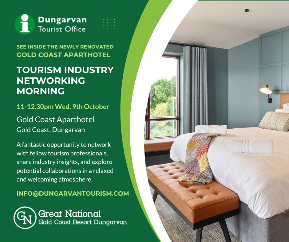 Dungarvan Tourism (@dungarvantio) on Twitter photo Tourism Industry Networking Morning!
Date: Wednesday, 9th October
Time: 11-12.30PM
Location: Gold Coast Aparthotel, Gold Coast,
To Book: Tel: 058 41741 or email info@dungarvantourism.com
<a href="/VisitWaterford/">Visit Waterford</a> <a href="/WaterfordCounci/">Waterford City & County Council</a> <a href="/MunsterVales/">Munster Vales</a> <a href="/ancienteastIRL/">Ireland's Ancient East</a> <a href="/Failte_Ireland/">Fáilte Ireland</a> Tourism Industry Networking Morning!
Date: Wednesday, 9th October
Time: 11-12.30PM
Location: Gold Coast Aparthotel, Gold Coast,
To Book: Tel: 058 41741 or email info@dungarvantourism.com
<a href="/VisitWaterford/">Visit Waterford</a> <a href="/WaterfordCounci/">Waterford City & County Council</a> <a href="/MunsterVales/">Munster Vales</a> <a href="/ancienteastIRL/">Ireland's Ancient East</a> <a href="/Failte_Ireland/">Fáilte Ireland</a>