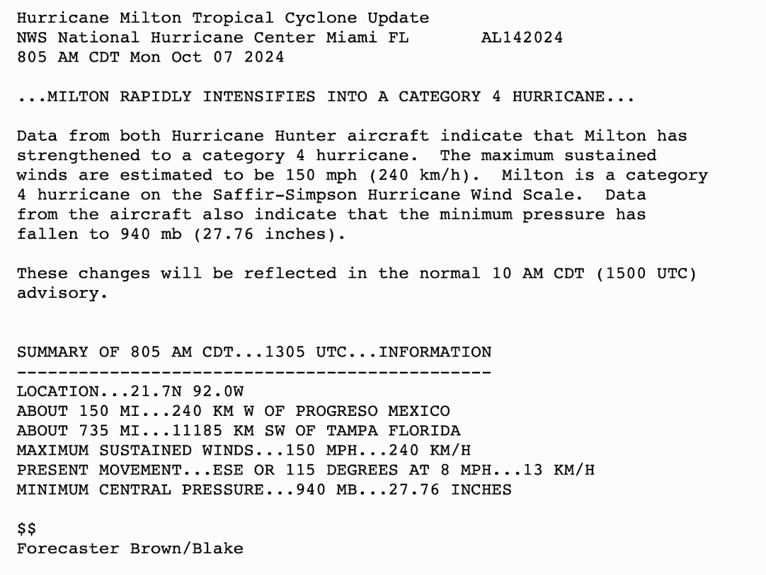 tlstar_Q's tweet photo. 8:05 AM CDT Monday Update: Milton rapidly intensifies into a category 4 hurricane.  The maximum sustained winds have now increased to 150 mph (240 km/h) and the minimum pressure has fallen to 940 mb.#HurricaneMilton  #Category4  #Cat4 https://t.co/xF984tHoV1