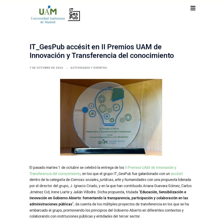 IT_GesPub's tweet photo. 🚨 En un nuevo post del #BlogITGesPub 📬 os contamos nuestra propuesta 🎯 "Educación, Sensibilización e #Innovación en #GobiernoAbierto" que obtuvo un accésit 💥 en los II Premios @UAM_Madrid de Innovación y Transferencia del conocimiento 🏅

👉Enlace: https://t.co/trem3grswB https://t.co/52pThRQy7G