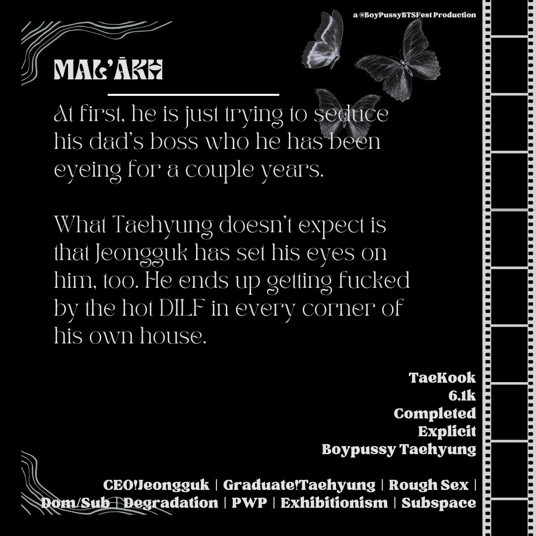 BoyPussyBTSFest's tweet photo. mal'ākh
✿ bp!Tae
♡ TaeKook
completed || 6.1k words
🏷️CEO!Jeongguk, Graduate!Taehyung, Rough Sex, Dom/Sub, Degradation, PWP, Exhibitionism, Subspace
🔗https://t.co/X2NSyR8kWv https://t.co/72TuyjNWpE