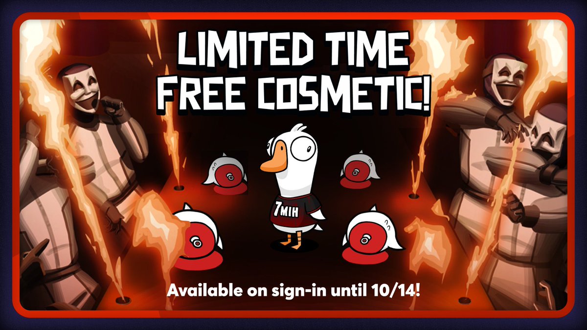 ggd_game's tweet photo. We’re excited to announce the official launch of 7 Minutes in Hell, the most terrifying co-op horror game show! Now available on Steam!
To celebrate our launch, we’re giving early players an exclusive “7MIH Tee” cosmetic. Log into Goose Goose Duck unlock this cosmetic! https://t.co/cFEbU9FmnB