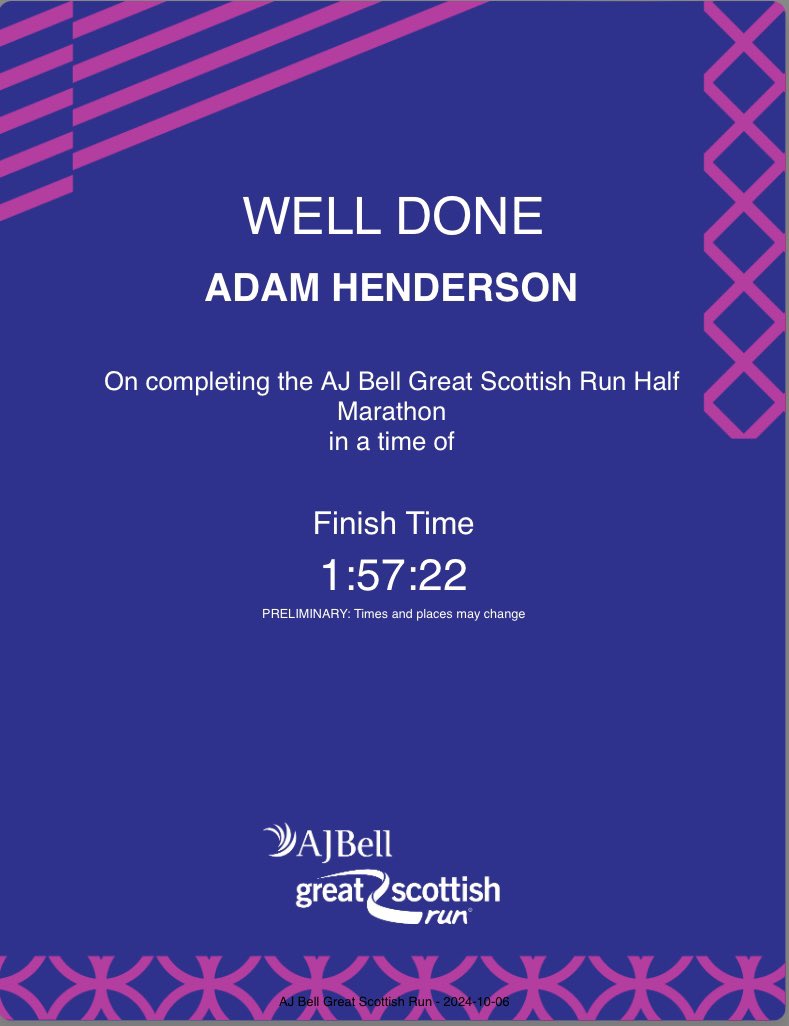 15Adamhendy's tweet photo. A great day in Glasgow yesterday for The Great Scottish Run. I’m delighted that I got a PB! 1:57:22 #GreatScottishRun https://t.co/WS2Opg7RxA