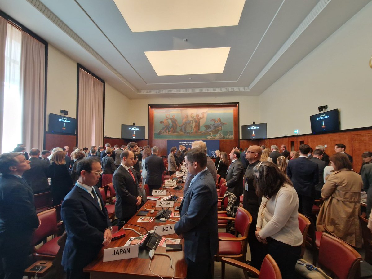 IsraelinGeneva's tweet photo. Today, the UN in Geneva stood still in memory of over 1200 murdered in Israel during the terrorist attacks by Hamas on October 7.

One year later, our resolve to return the 101 hostages still held in Gaza and to defend Israel from terrorism remains relentless.

#RememberOctober7 https://t.co/1pK9nw8k1g