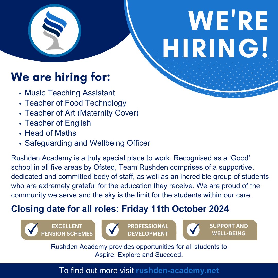 We are hiring! Have a look at our website for more information and the application form. rushden-academy.net/index.php/abou… #TeamRushden #AspireExploreSucceed