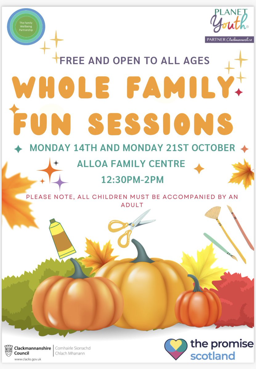 Clackmannanshire Council People Directorate (@clackseducation) on Twitter photo W H O L E
F A M I L Y
F U N
S E S S I O N S
Join us for lots of fun during the October break.
Monday 14th & Monday 21st Oct.
All children must be accompanied by an adult.
<a href="/ClacksCouncil/">Clackmannanshire Council</a>
👇🏼 W H O L E
F A M I L Y
F U N
S E S S I O N S
Join us for lots of fun during the October break.
Monday 14th & Monday 21st Oct.
All children must be accompanied by an adult.
<a href="/ClacksCouncil/">Clackmannanshire Council</a>
👇🏼