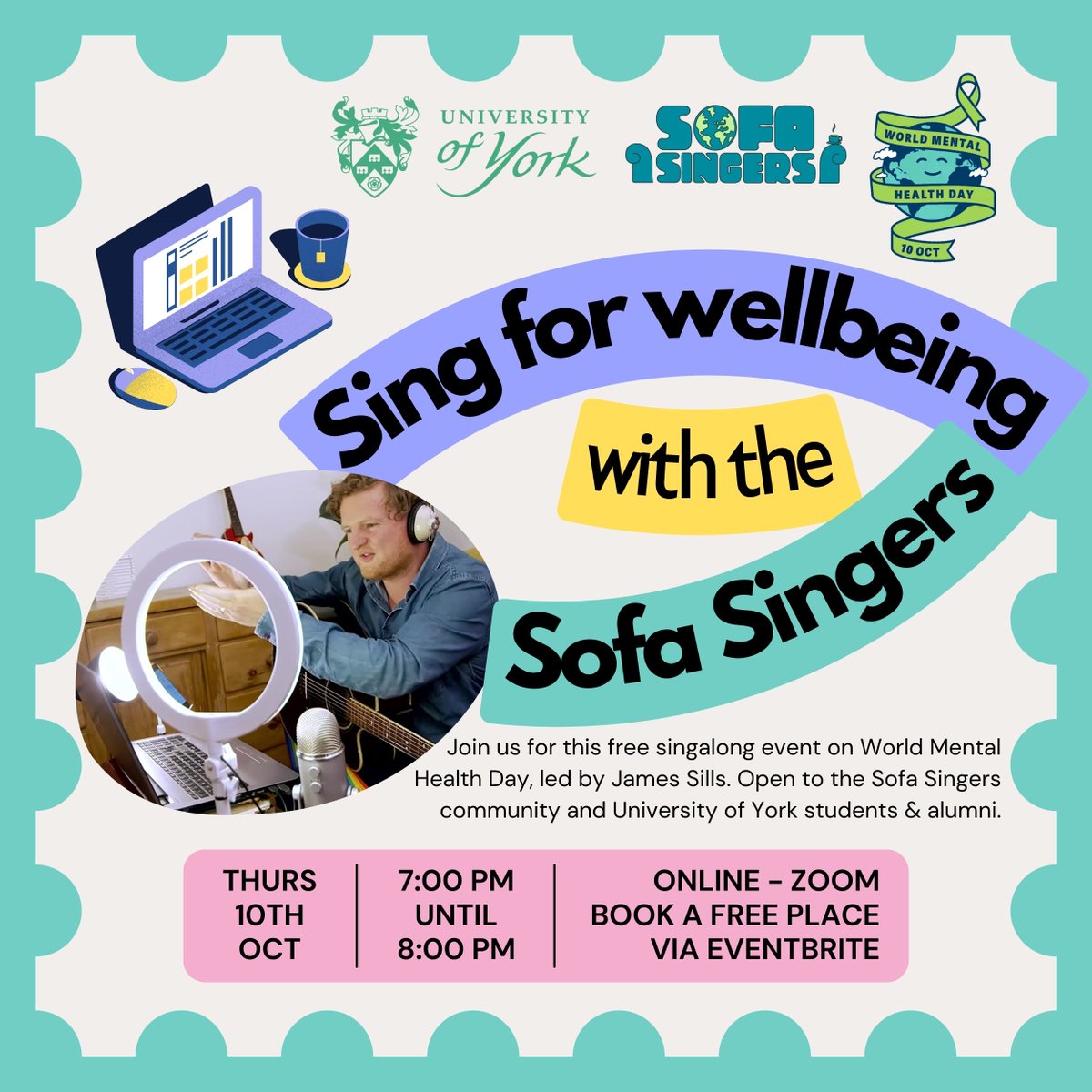 The Sofa Singers - Online Community (@thesofasingers) on Twitter photo This Thursday is #WorldMentalHealthDay & we’re running a FREE online event with @uniofyork @uoyalumni 🎵
Join <a href="/jsillsmusic/">James Sills</a> to sing ‘Lovely Day’, take part in an open mic & find out about the university's mental health initiatives🧠
Book a free ticket: bit.ly/sofasingers-me… 🎟️ This Thursday is #WorldMentalHealthDay & we’re running a FREE online event with @uniofyork @uoyalumni 🎵
Join <a href="/jsillsmusic/">James Sills</a> to sing ‘Lovely Day’, take part in an open mic & find out about the university's mental health initiatives🧠
Book a free ticket: bit.ly/sofasingers-me… 🎟️