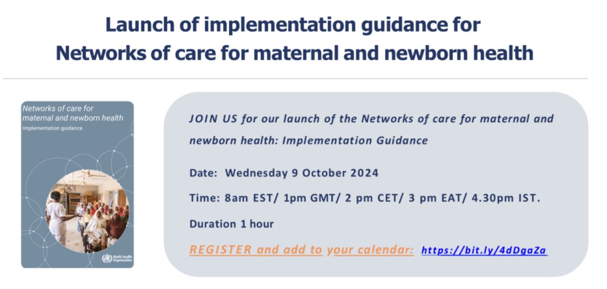 AlignMNH (@alignmnh) on Twitter photo Join us to help launch <a href="/WHO/">World Health Organization (WHO)</a>'s first implementation guidance on networks of care & hear experiences from Kenya, the Philippines, & Zambia.
🗓 Wed 9 Oct
🔗 Register: who.zoom.us/webinar/regist…
📄 Implementation guidance: iris.who.int/handle/10665/3…
#MNCH #GlobalGoals #PrimaryHealthCare Join us to help launch <a href="/WHO/">World Health Organization (WHO)</a>'s first implementation guidance on networks of care & hear experiences from Kenya, the Philippines, & Zambia.
🗓 Wed 9 Oct
🔗 Register: who.zoom.us/webinar/regist…
📄 Implementation guidance: iris.who.int/handle/10665/3…
#MNCH #GlobalGoals #PrimaryHealthCare