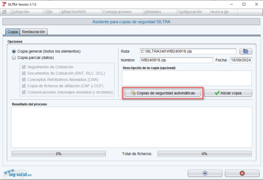 info_TGSS's tweet image. 🖥️¿Sabes hacer copias de seguridad en SILTRA?
Pueden hacerse de forma manual y ahora también programar copias de seguridad de manera automática.
Encuentra esta opción dentro del módulo UTILIDADES/COPIAS DE SEGURIDAD.
👉 run.gob.es/ebcBNR8-2024