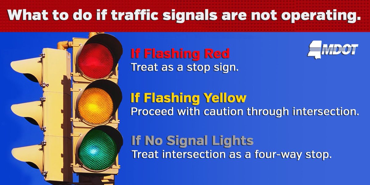 HindsEOC's tweet image. 🚦 Sometimes traffic lights have a cse of the mondays... remember what it means if you see the following:

🔴 Flashing Red = stop sign situation for you
🟡 Flashing Yellow = proceed carefully
⚫ No Lights = four-way stop for everyone

#DriveSmartMS