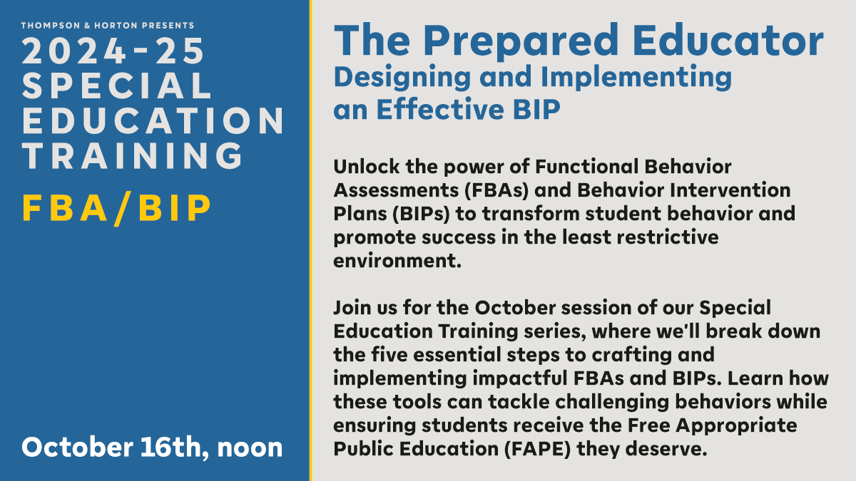 THSchoolLaw's tweet photo. Join us on Oct 16 at noon for the next session in our Special Ed Training series.

Learn 5 key steps to create effective FBAs &amp; BIPs that address challenging behaviors and support student success. Click below for details. #SpecialEducation #FAPE

https://t.co/QBAn2uIyN6 https://t.co/BkqpwHkwyx