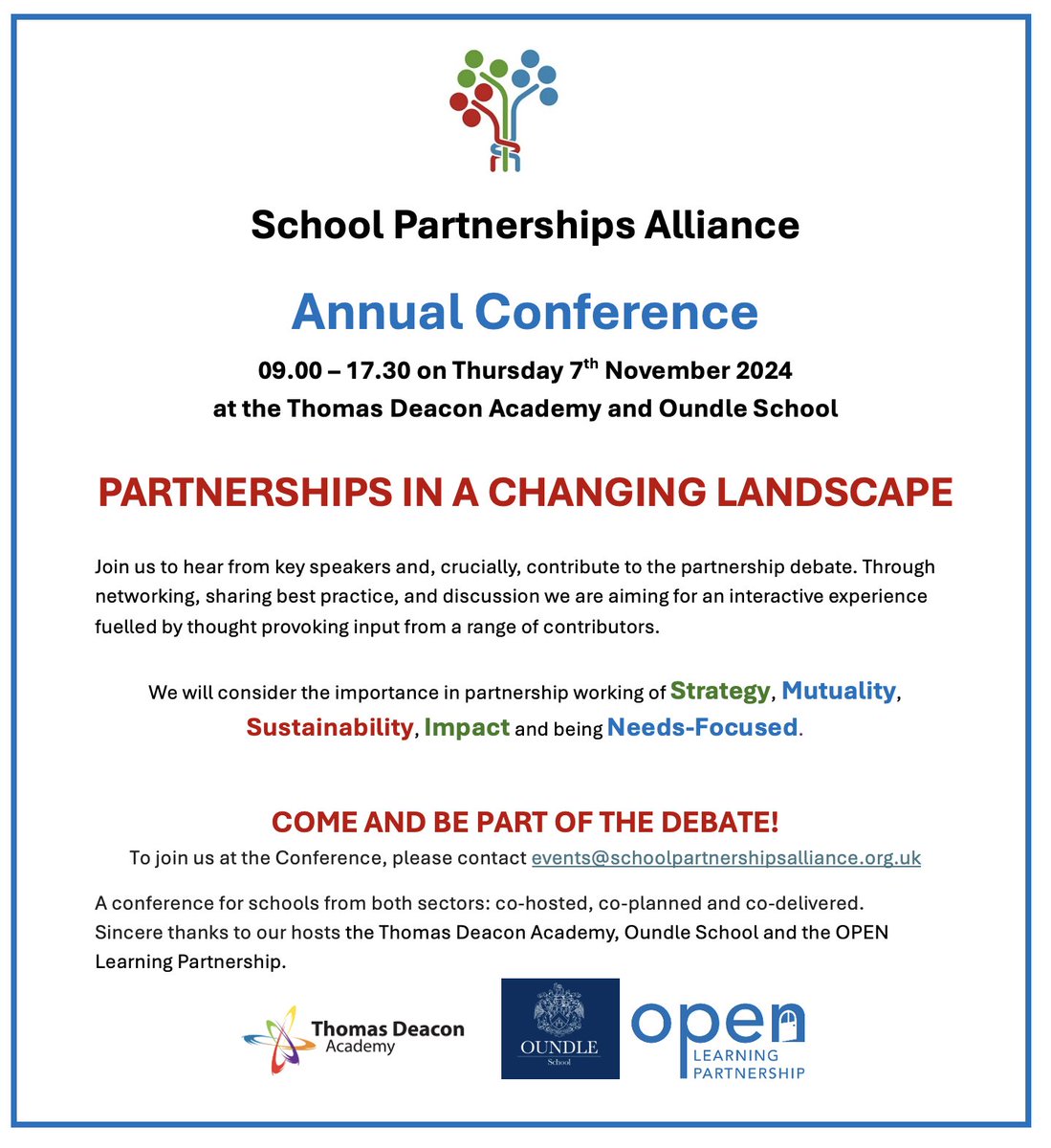 This year our conference will be co-hosted by <a href="/TDAeducation/">Thomas Deacon Academy</a> and Oundle School from <a href="/OpenLPLearning/">Open Learning Partnership</a>, and it promises to be a great day. Come and join us! #StrongerTogether #PowerofPartnerships