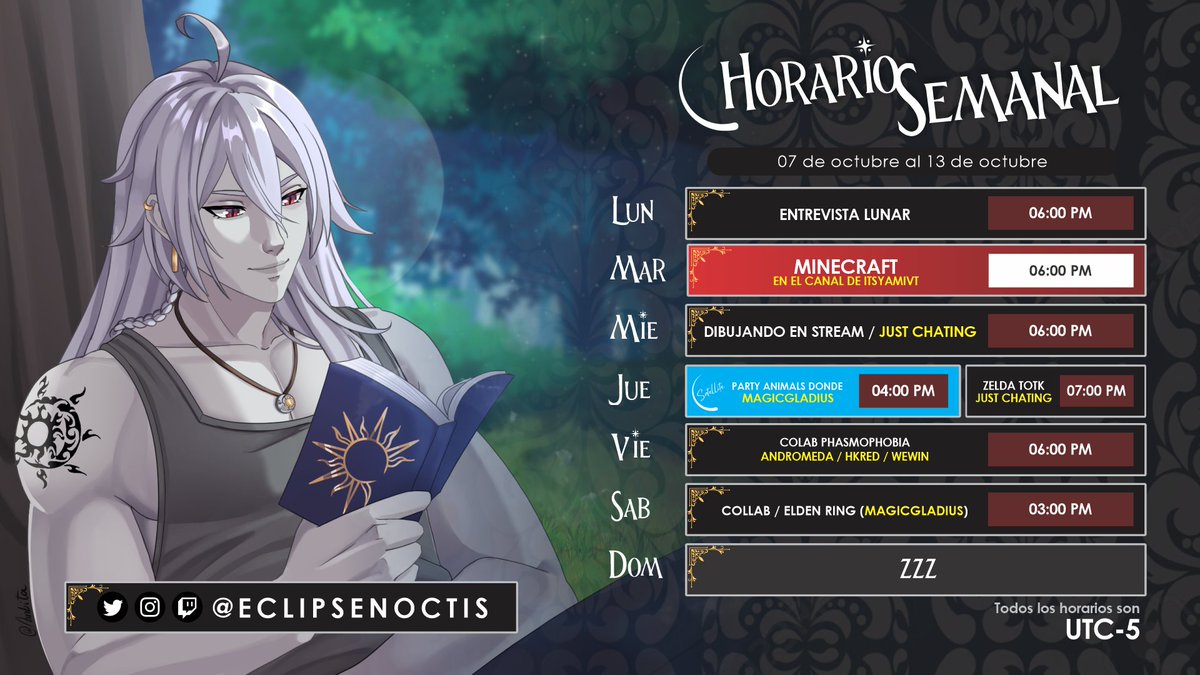 EclipseNoctis's tweet photo. #HorarioSemanal Entrevista lunar, minecraft donde @itsyamivt, dibujo, colab con @SatelliteVT donde @magicgladius, continuamos con el #zeldatotk viernes de terror en #Phasmophobia sábado de SKRRRR... WAOOOS Traigan PALOMITAS para tanto contenido 😎#Vtuber #Vtubers #VuberES https://t.co/P94mbeGwaz