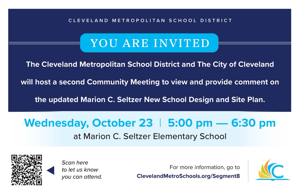 Jenny Spencer (@jennyspencercle) on Twitter photo Save the date! The next community meeting for the Marion C. Seltzer new school design will take place on Wednesday, October 23 at 5pm. Scan the code to RSVP. <a href="/CLEMetroSchools/">Cleveland Metropolitan School District</a> Save the date! The next community meeting for the Marion C. Seltzer new school design will take place on Wednesday, October 23 at 5pm. Scan the code to RSVP. <a href="/CLEMetroSchools/">Cleveland Metropolitan School District</a>