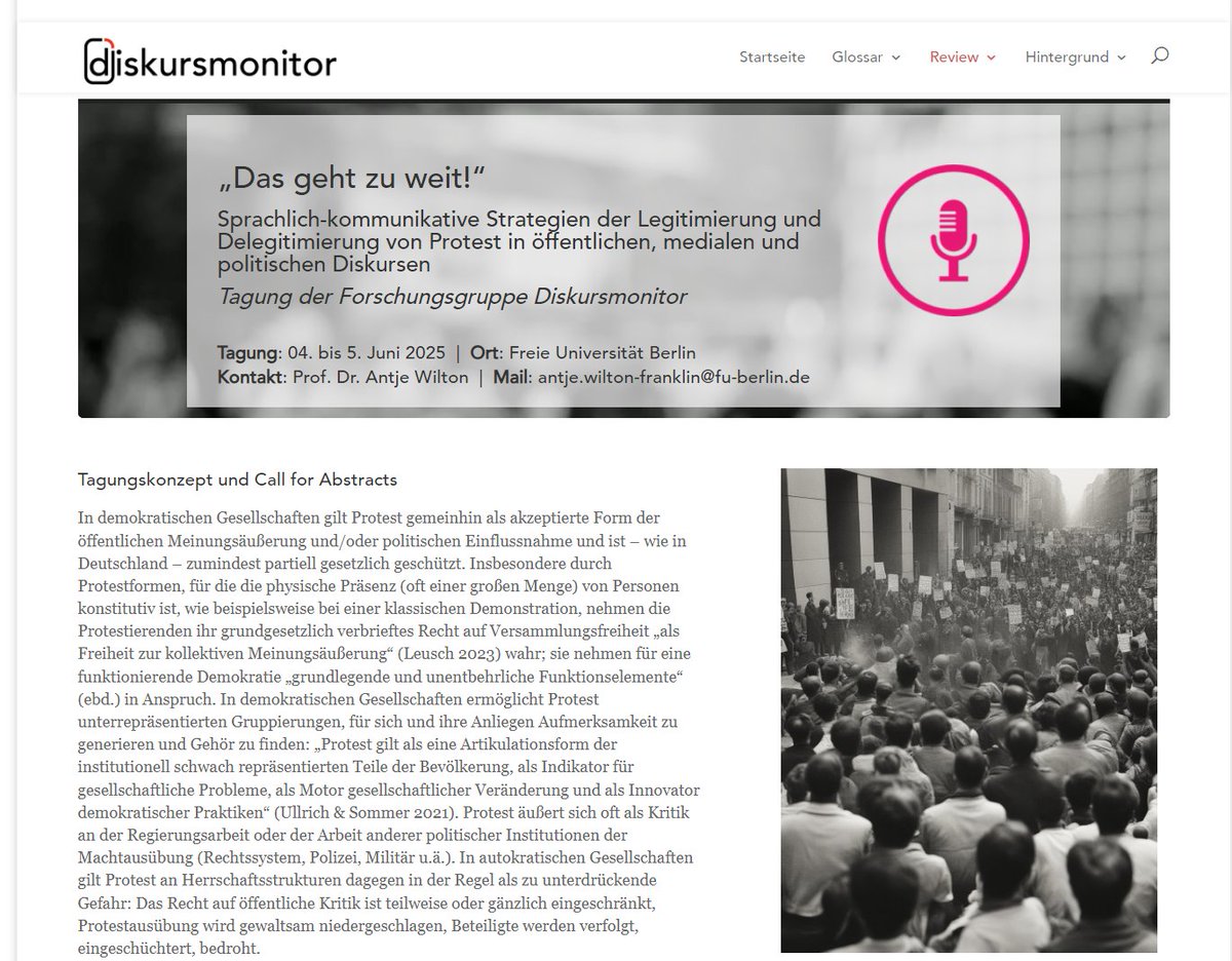 Sprachlich-kommunikative Strategien der (De)Legitimierung von Protest in öffentlichen,medialen &amp; politischen Diskursen
Tagung der Forschungsgruppe <a href="/diskursmonitor/">diskursmonitor</a> am 04.-5. Juni 2025 in Berlin.
Wir freuen uns über Beitragsvorschläge:
#cfp bis 31.10.2024!
👉diskursmonitor.de/review/tagung-…