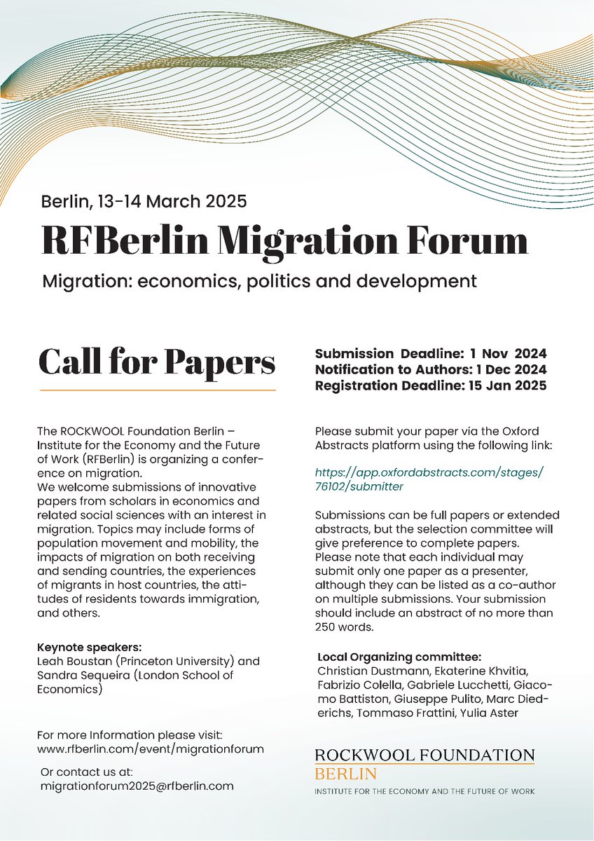 Don't forget to send your #migration papers to this conference <a href="/RF_Berlin/">ROCKWOOL Foundation Berlin</a>, featuring <a href="/leah_boustan/">Leah Boustan</a> and <a href="/SMGSequeira/">Sandra.Sequeira</a> as keynote speakers.

Deadline for paper submissions in three weeks (November 1)!

Info: rfberlin.com/event/migratio…

#econtwitter