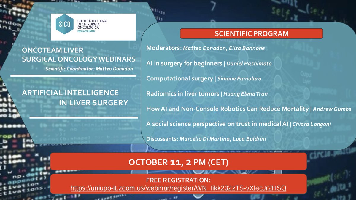 ⌛ 4 days left
🛎️ October 11, 2:00 pm (CET)
🚀 SICO Webinar on AI in Liver Surgery

Outstanding speakers exploring the role of AI in Liver Surgery on:
🔎Computational
🔎Radiomic &amp; Visual
🔎Tecnic &amp; Tecnological to
🔎Social perspective and impact

<a href="/matteo_donadon/">Matteo Donadon</a> <a href="/SICOBoard/">SICO</a>