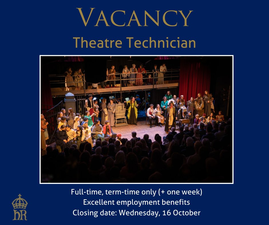 We have an exciting opportunity for a Theatre Technician to join our technical support team. The successful candidate will be responsible for technical management of the Vanbrugh Theatre and other performance spaces across the school.
Apply before 16 Oct: bit.ly/47IoVz6