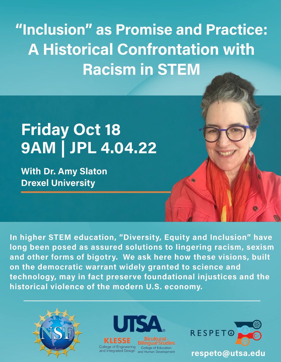 Bicultural-Bilingual Studies at UTSA (@bbl_utsa) on Twitter photo Join us for the first session ft. Dr. Amy Slaton, a renowned STEM historian!
RSVP REQUIRED BY EMAIL! | respeto@utsa.edu Join us for the first session ft. Dr. Amy Slaton, a renowned STEM historian!
RSVP REQUIRED BY EMAIL! | respeto@utsa.edu