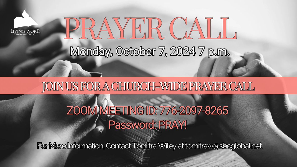 JOIN US FOR A CHURCH-WIDE PRAYER CALL THIS EVENING AT 7 P.M. 
ZOOM MEETING ID: 776-2097-8265
PASSWORD: PRAY! #prayer #pray