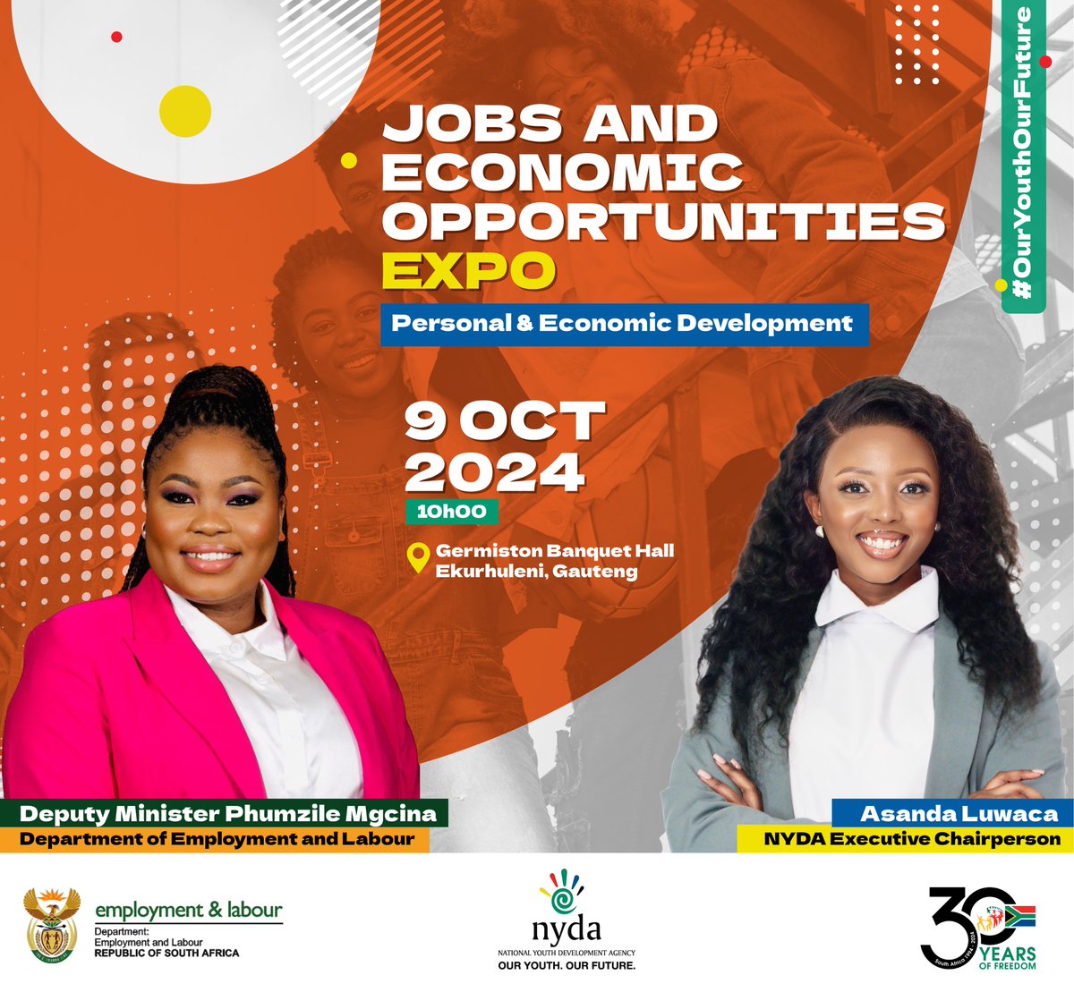 NYDARSA's tweet image. Deputy Minister Ms. Phumzile Mgcina of the Department of Employment and Labour together with the Executive Board Chairperson of the National Youth Development Agency, Ms. Asanda Luwaca will be out in Ekurhuleni, Germiston on the Parliament Community Outreach Programme.  They will…