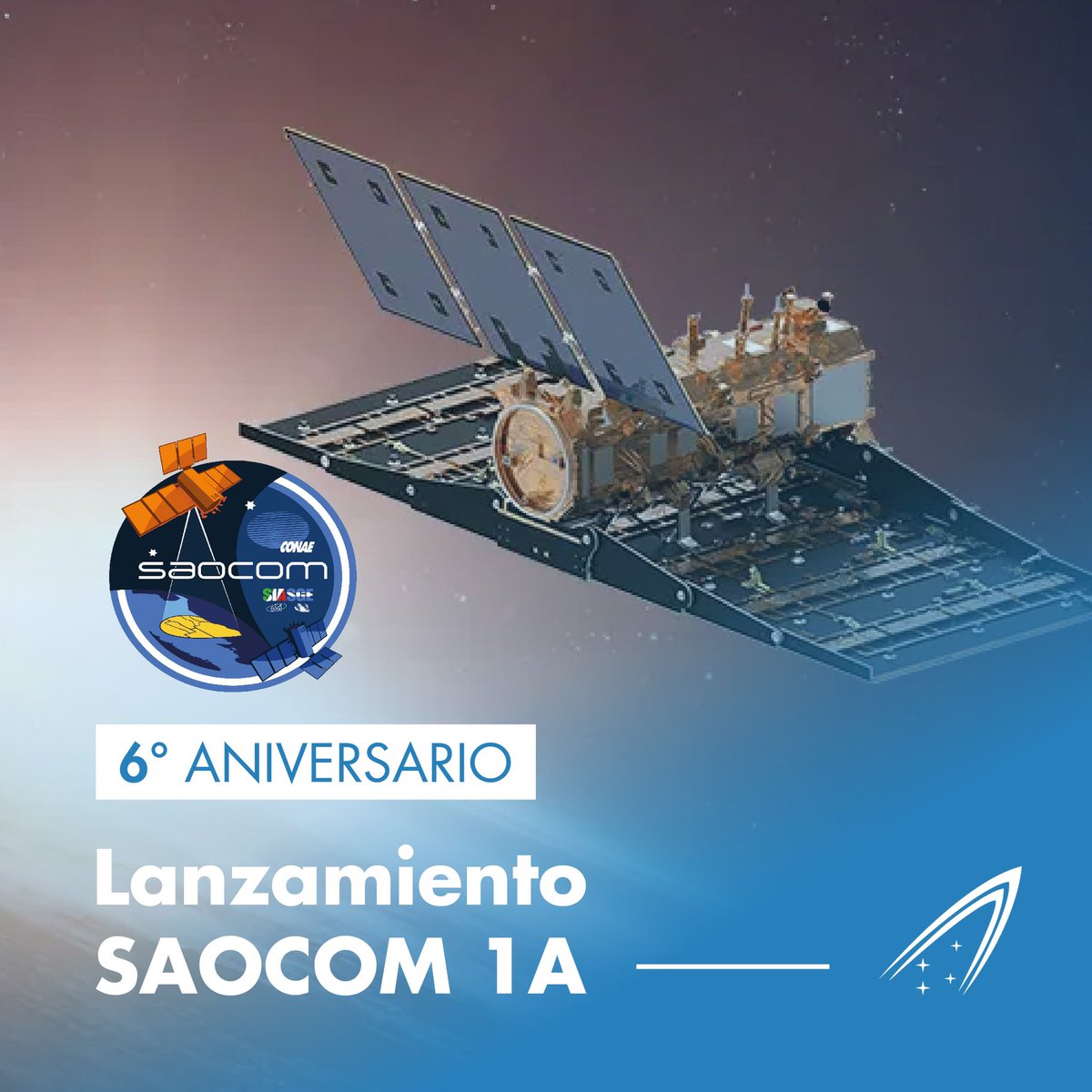 veng_argentina's tweet photo. 6 años en órbita 🛰️
El 7 de octubre de 2018 se lanzaba el satélite SAOCOM 1A desde la base Vandenberg en California, Estados Unidos.
#SomosVENG
#SAOCOM # IndustriaSatelital #satellite https://t.co/nDbIaCtUei