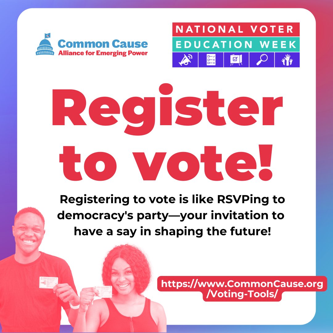 CCEmergingPower's tweet image. It’s #NationalVoterEducationWeek &amp;amp; we’re so excited to talk about the role of #VoterEducation in our democracy 🤗🗳️ 

Voter education is the key to a more engaged &amp;amp; robust democracy. Check out our voting tools at CommonCause.org/Voting-Tools and make your plan to vote #emergingpower