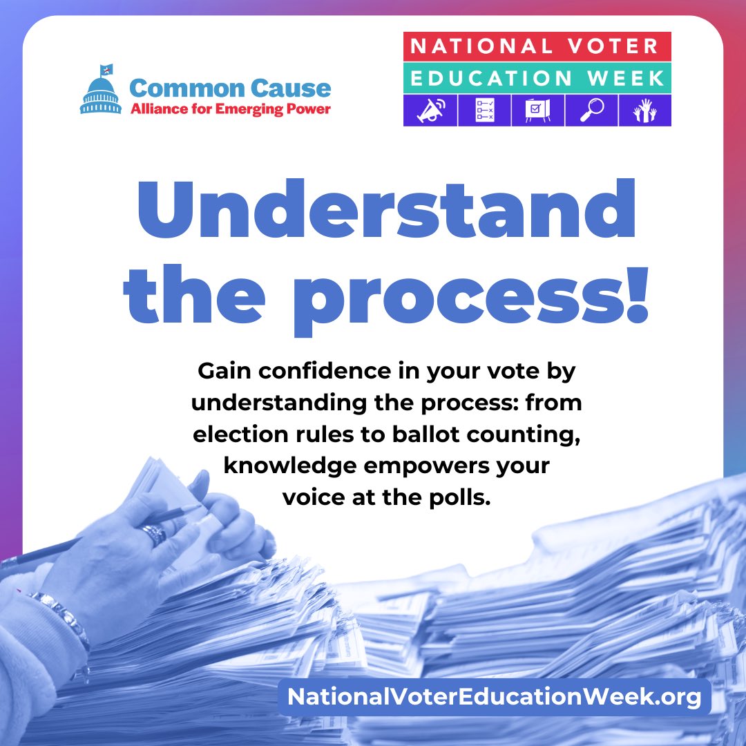 CCEmergingPower's tweet image. It’s #NationalVoterEducationWeek &amp;amp; we’re so excited to talk about the role of #VoterEducation in our democracy 🤗🗳️ 

Voter education is the key to a more engaged &amp;amp; robust democracy. Check out our voting tools at CommonCause.org/Voting-Tools and make your plan to vote #emergingpower
