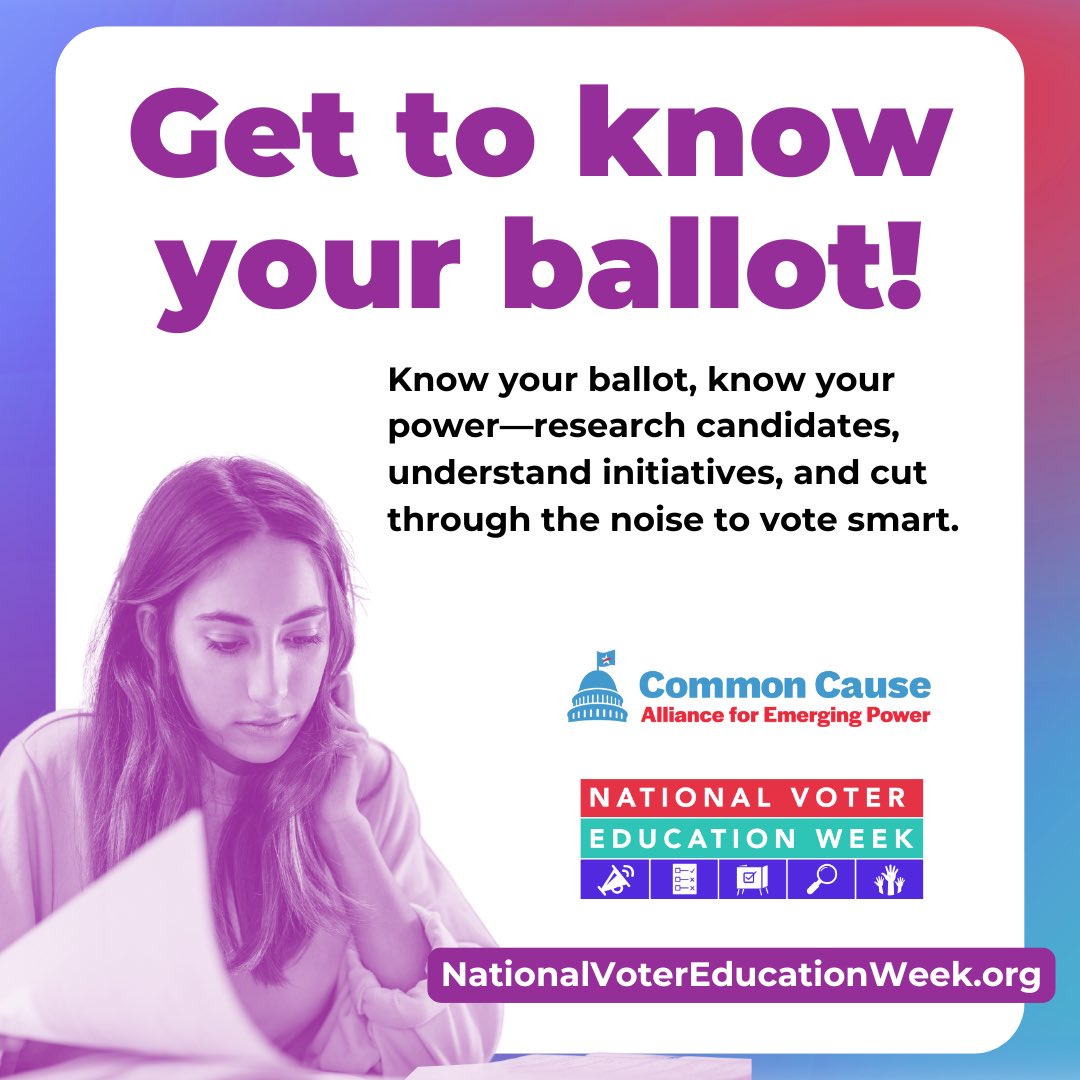 CCEmergingPower's tweet image. It’s #NationalVoterEducationWeek &amp;amp; we’re so excited to talk about the role of #VoterEducation in our democracy 🤗🗳️ 

Voter education is the key to a more engaged &amp;amp; robust democracy. Check out our voting tools at CommonCause.org/Voting-Tools and make your plan to vote #emergingpower