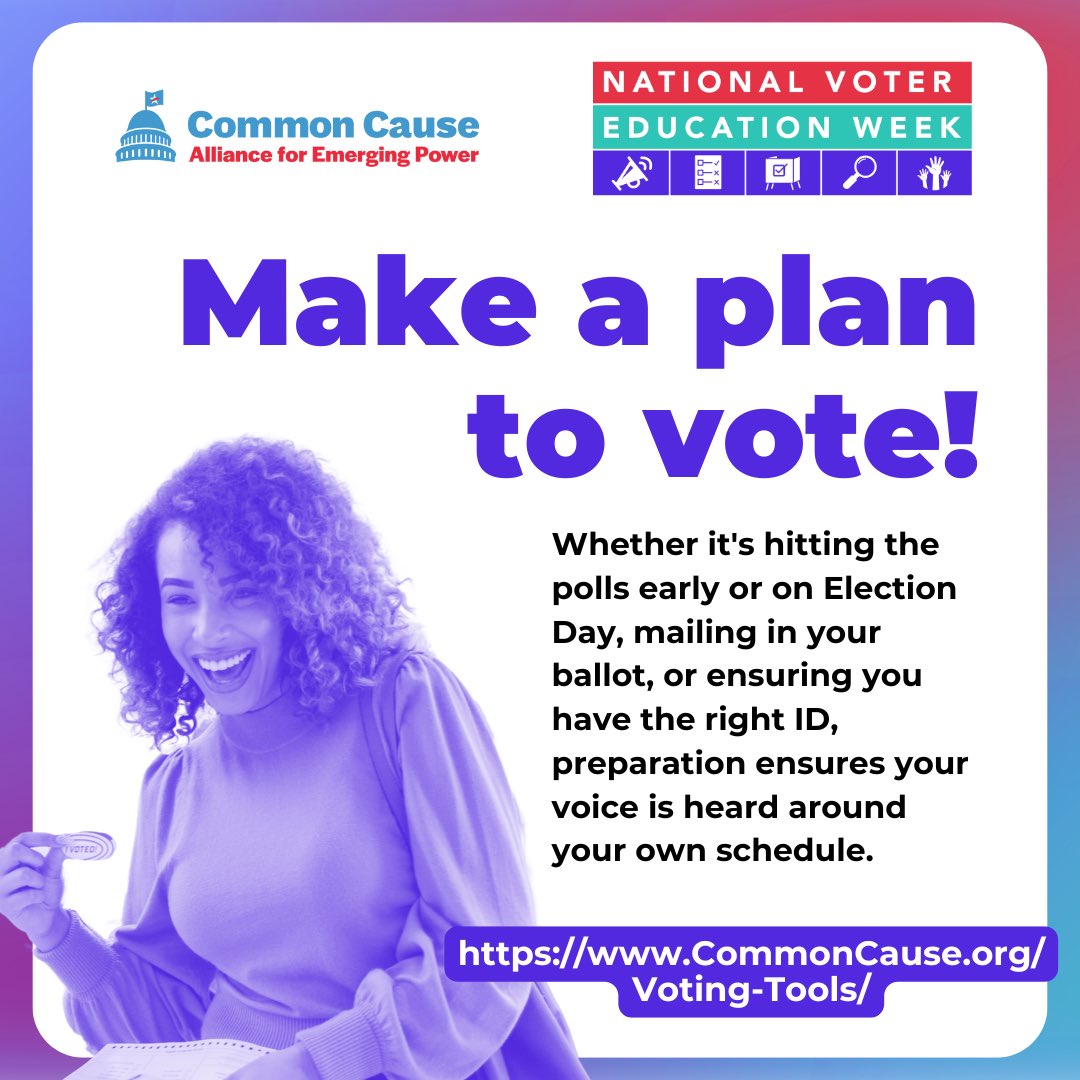 CCEmergingPower's tweet image. It’s #NationalVoterEducationWeek &amp;amp; we’re so excited to talk about the role of #VoterEducation in our democracy 🤗🗳️ 

Voter education is the key to a more engaged &amp;amp; robust democracy. Check out our voting tools at CommonCause.org/Voting-Tools and make your plan to vote #emergingpower