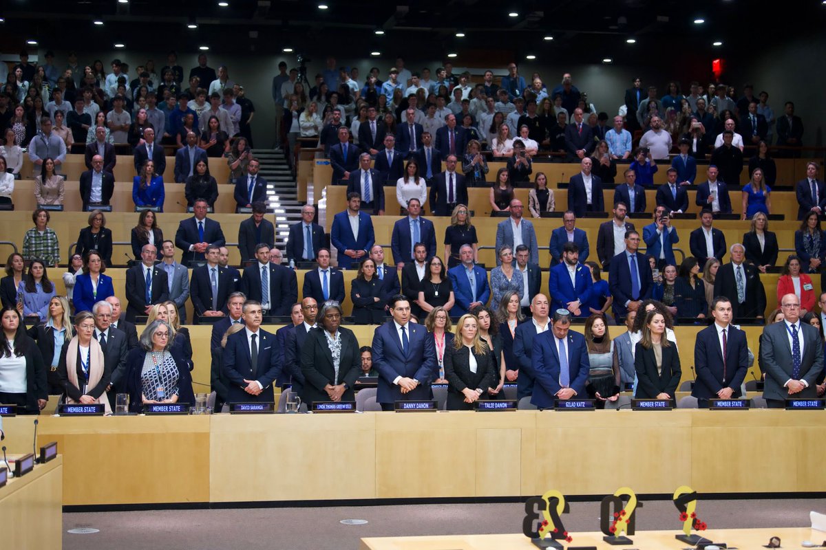 Israel's tweet image. Happening now live from the @UN: We commemorate the more than 1,200 Israeli
men, women and children murdered on October 7, alongside the families of the victims and hostages. 

#RememberOctober7