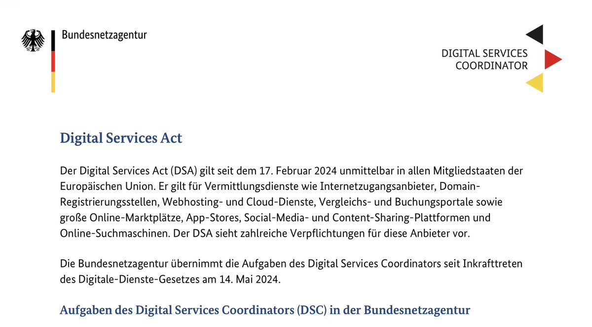 Aus gegebenen Anlass: Die @BNetzA entfernt nach dem #DSA keine Inhalte. #Plattformen und Dienste behandeln gemeldete Inhalte auf Grundlage der geltenden #Gesetze und ihrer #Nutzungsbedingungen. Finale Entscheidung liegt wie eh und je bei den #Gerichten.
👉 dsc.bund.de/dsc-info
