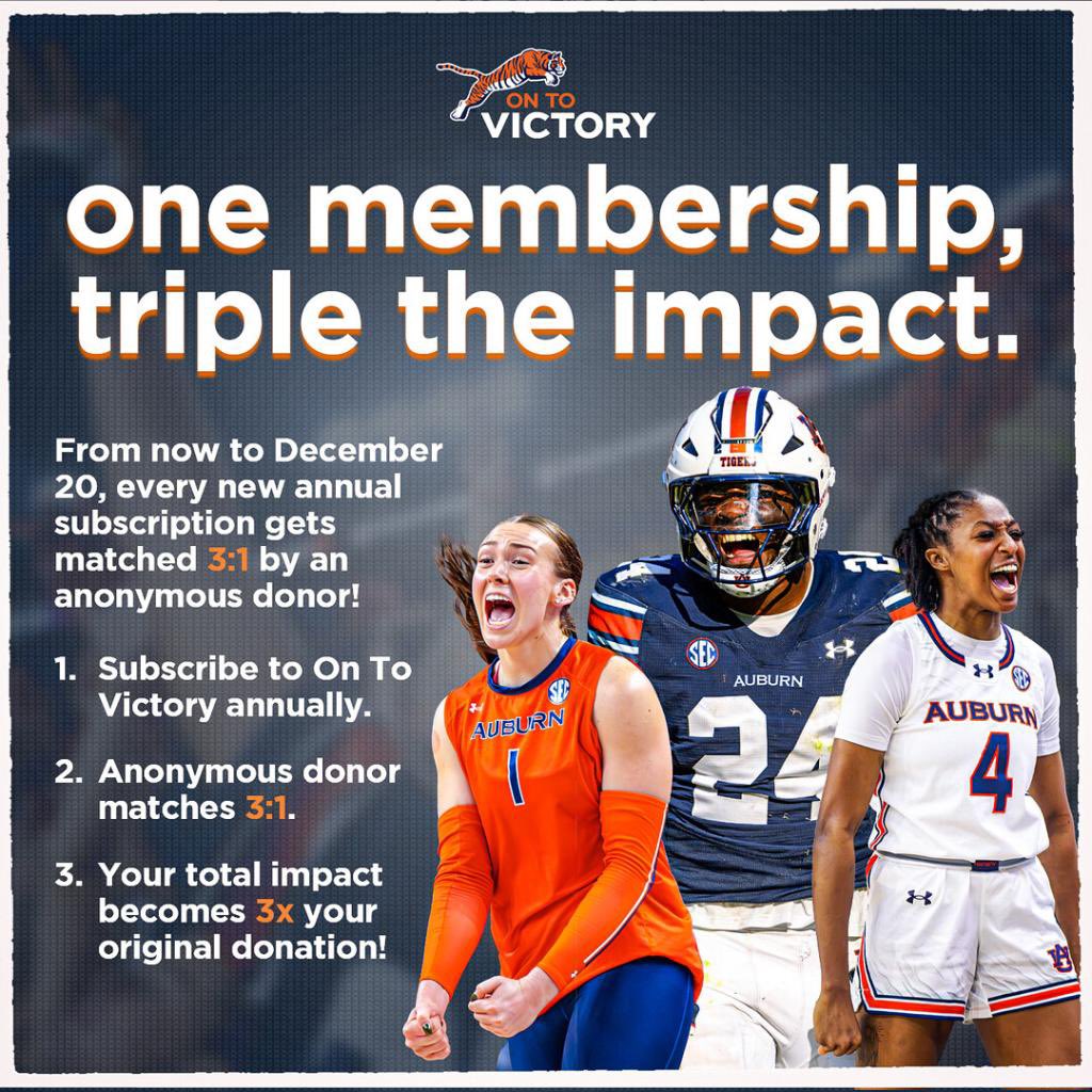 From now until December 20th, we can reach up to $1 million for Auburn student-athletes like me!

 - Join for as low as $204/year

- Get membership perks such as WarEagle+, monthly drawings, and more!  

 Join today by going to OnToVictory.com