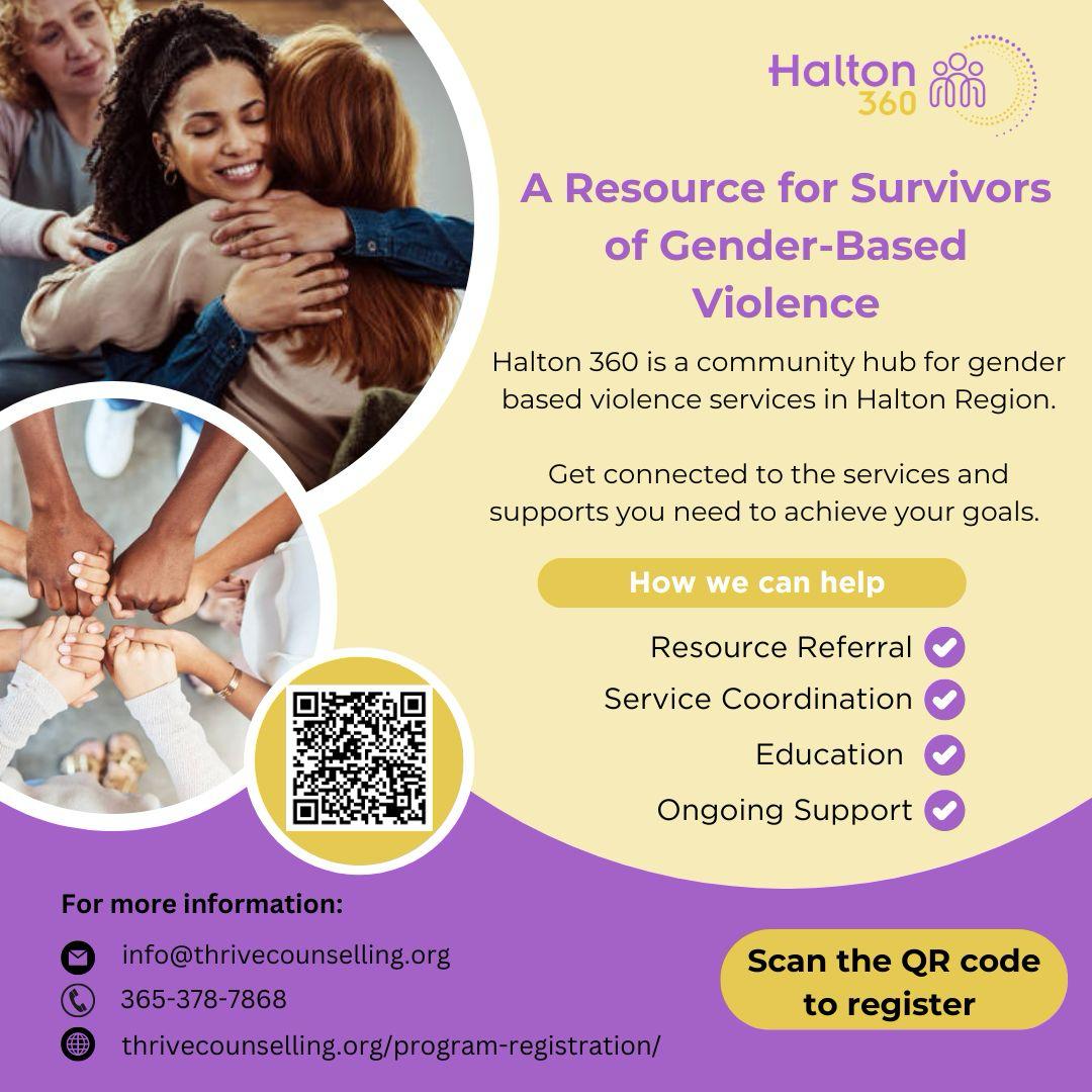 We are thrilled to announce that the Halton 360 hub is now available for community and self-referral as of October 1st, 2024. This community hub is intended for survivors of IPV, SA and HT to access coordinated, centrally-located, gender-based violence services in Halton Region.