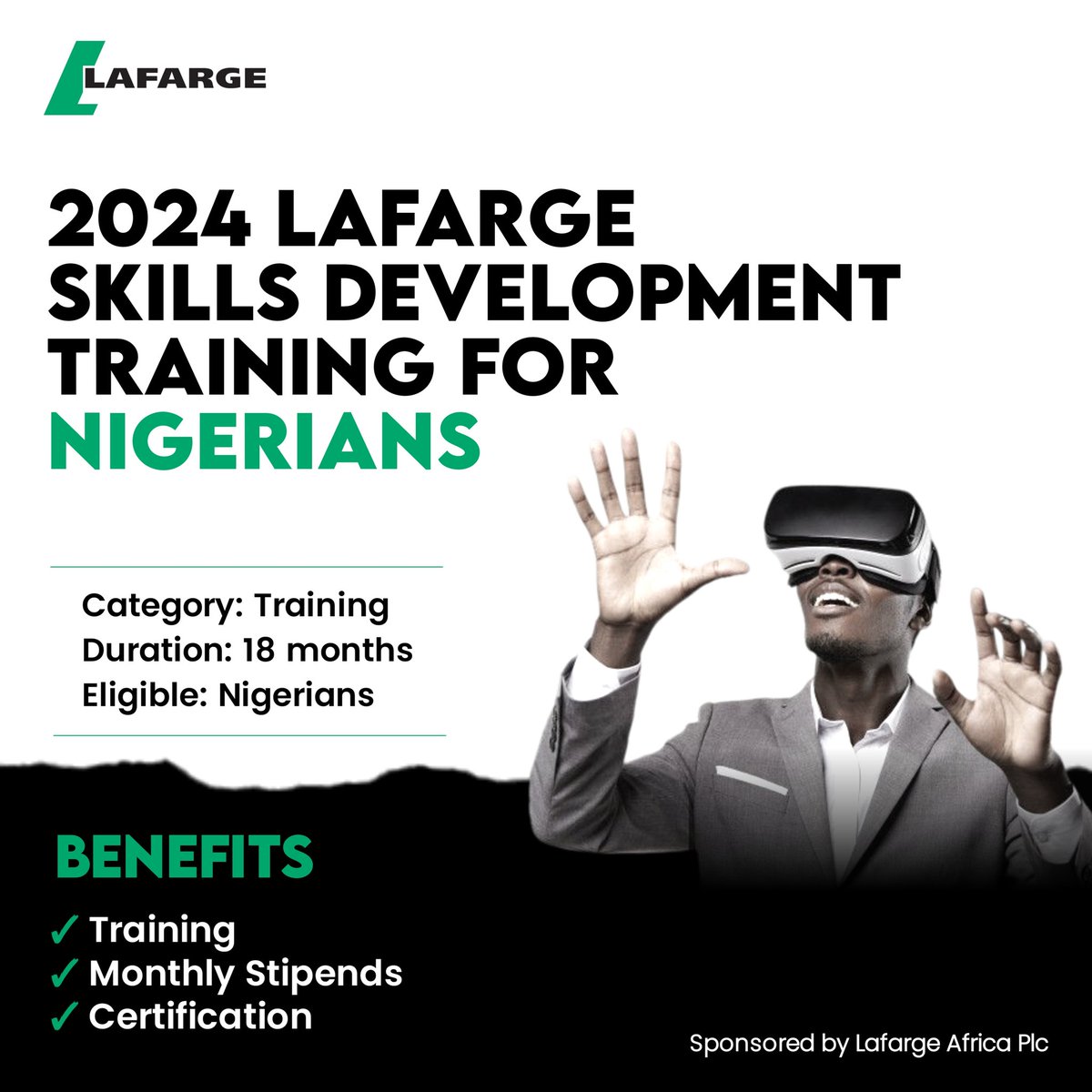 JOBCORNER247's tweet image. 2024 Lafarge Skills Development Training For Nigerians

Sponsor: Lafarge Africa Plc 

Benefits:
• Training 
• Monthly Stipends
• Certification

Category: Training
Duration: 18 months
Eligible: Nigerians

Deadline: October 9, 2024

If you can’t apply, Please share, someone may…