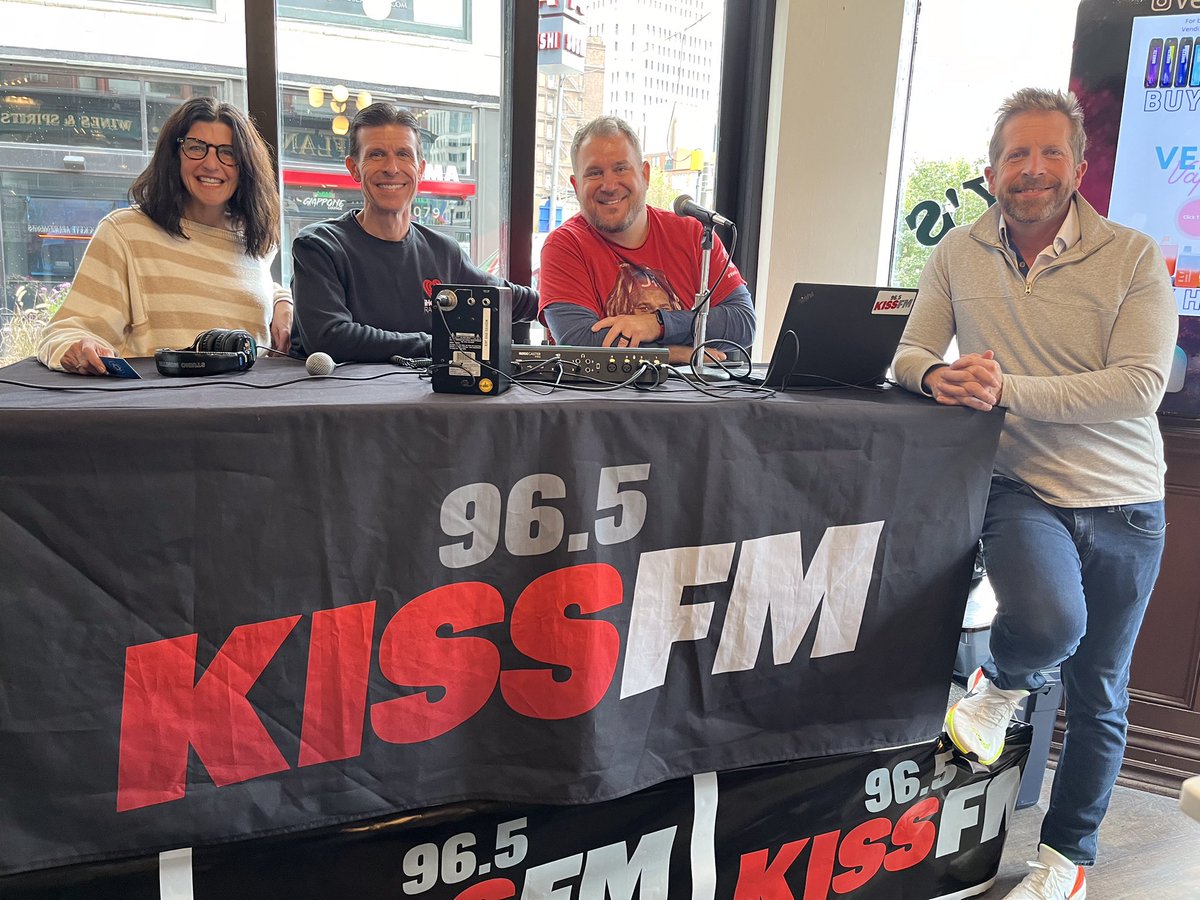 SkrticX's tweet photo. Met Rachel Oettinger, Jeff Zukauckas, Jeremiah Widmer, &amp; Keith Hotchkiss from the Jeremiah Show at Flannery's Pub in Downtown Cleveland. They were gearing up to go live on 96.5 KISS FM to cheer on our @CleGuardians. Great to meet the popular crew. -October 7, 2024. https://t.co/KGnUJjrNCd