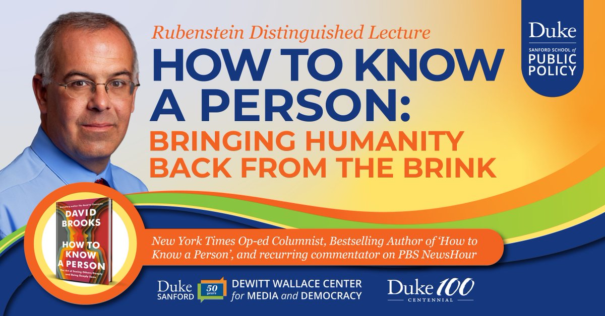 Announcing our fall Rubenstein lecture. Bestselling author/commentator David Brooks: how connecting with each other on a human level might change society. Especially important this election season!
🗓️10/29
▶️duke.is/David-Brooks
#Election2024 #Duke100