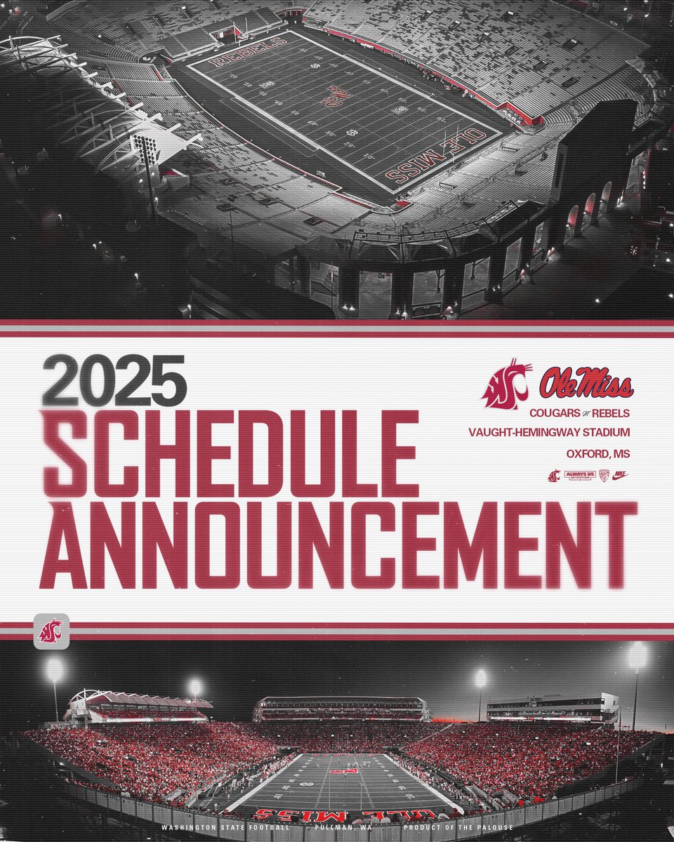 WSUCougarFB's tweet photo. 2025 Schedule Announcement🚨

COUGS head down to Oxford for a matchup @ Ole Miss.

📰 https://t.co/6rb2m9HAWv https://t.co/KjDtiRESO4