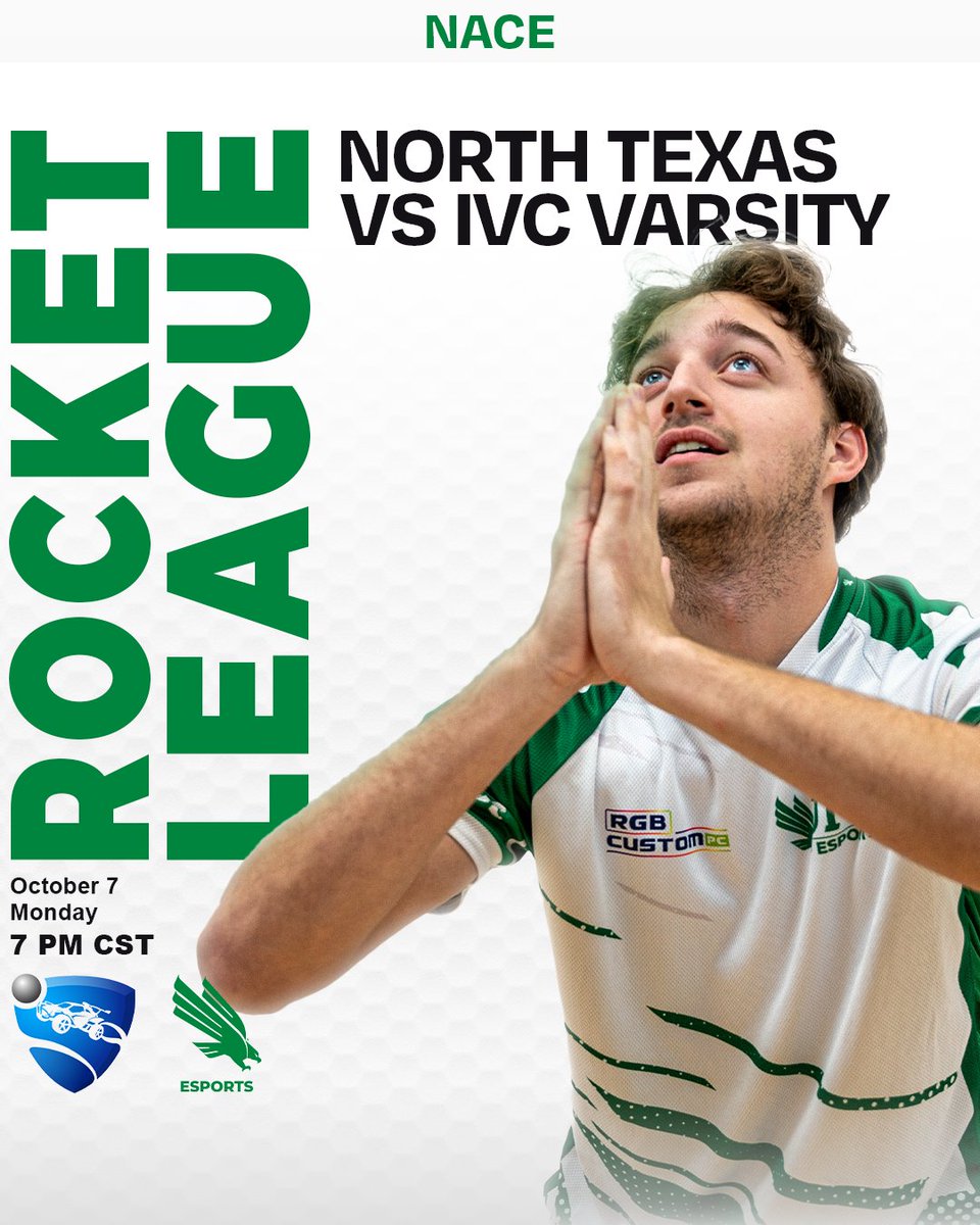 🚀⚽️GAMEDAY ALERT⚽️🚀  
Tonight, UNT Esports is revving up for an adrenaline-pumping Rocket League showdown against IVC Varsity!
📅Date: 10/7  
🕖Time: 7 PM  
💻Stream: twitch.tv/untesports
Let’s crank up the hype and support them as they aim for victory! 💚✨  
#GMG #NACE