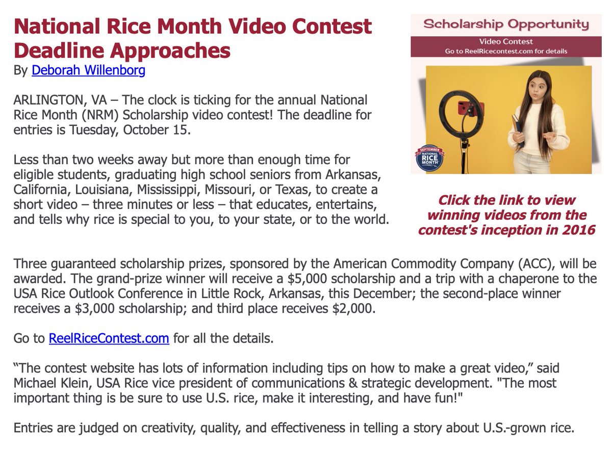 🌾 Don’t miss a chance to win scholarship money 🌾

🎬 USA Rice Video Contest 
💰 $5,000, $3,000 &amp; $2,000 winners
📆 Deadline is October 15th 
🔗 reelricecontest.com
