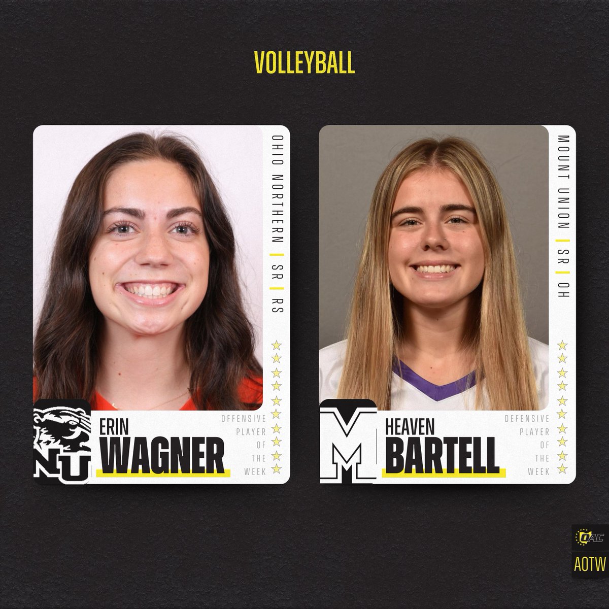 OHAthleticConf's tweet photo. Athletes of the Week | Volleyball π
Erin Wagner, @ONUsports
Heaven Bartell, @purpleraiders
#OAC #OACvb